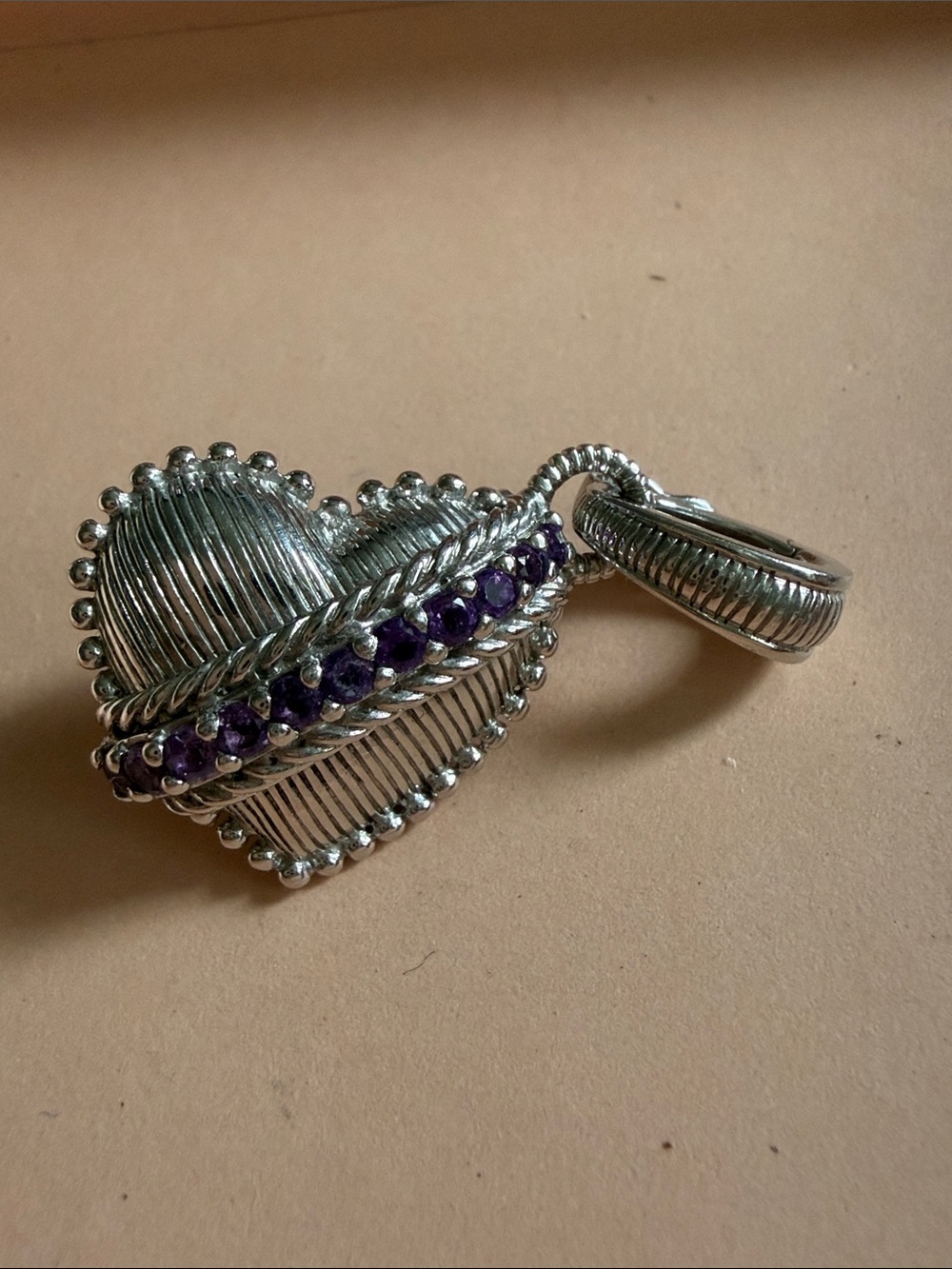 Judith Ripka Sterling Silver Heart Pendant with Purple Gem Row